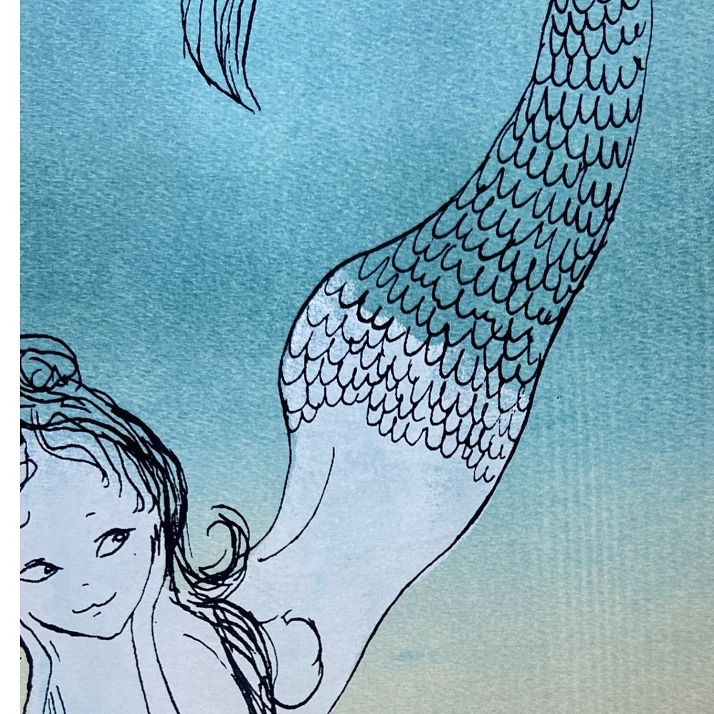 Mermaid Woodblock Print Mermaid‎ Art Unsigned 17"x8" - Picture 5 of 10